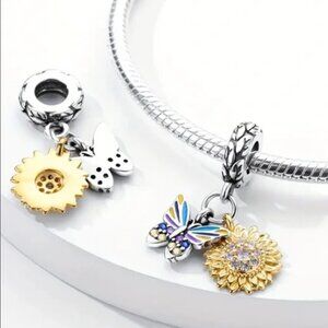 Silver 925 Multicolor Butterfly and CZ Sunflower Dangle Charm